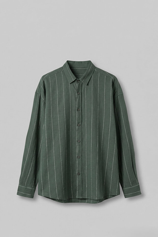 Men's Oversize Striped Linen Long Sleeve Shirt Khaki