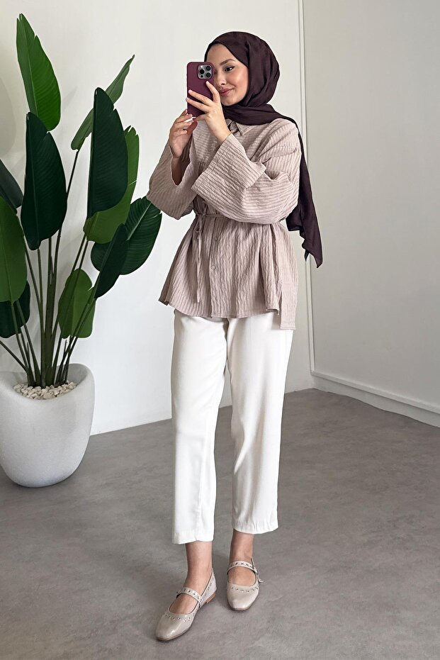 Biyeli Mosso Gömlek - Vizon - 5