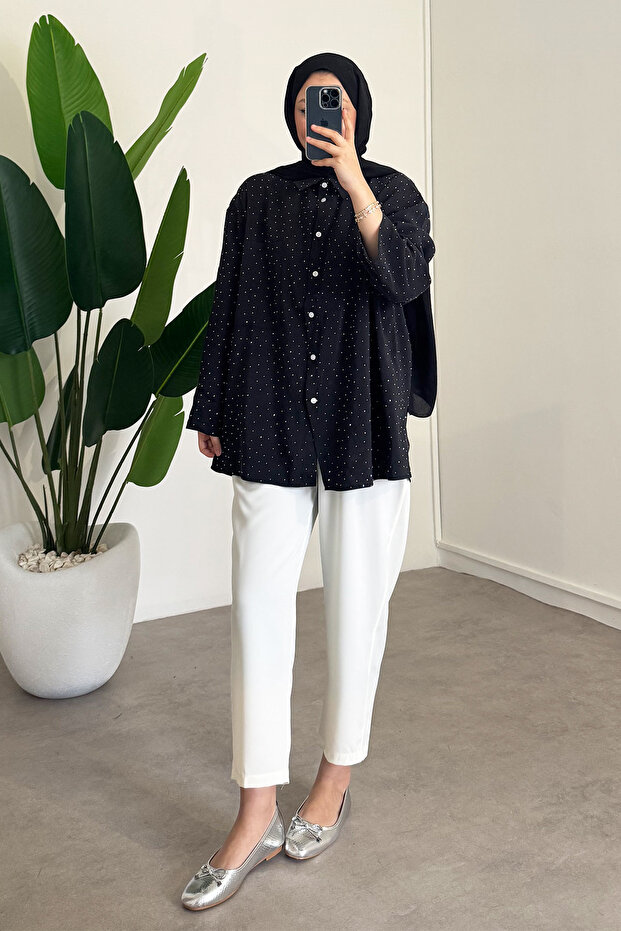 Taş Baskılı Gömlek - Siyah - 2