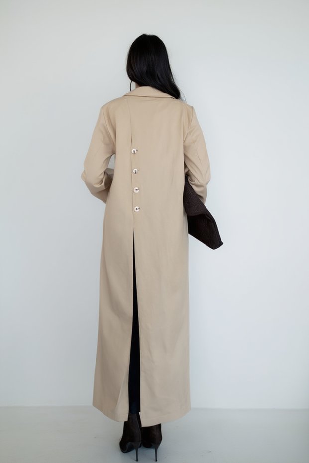 Beige Gabardine Trench Coat with 4 Buttons on the Back and Padded Slit Detail - 7010