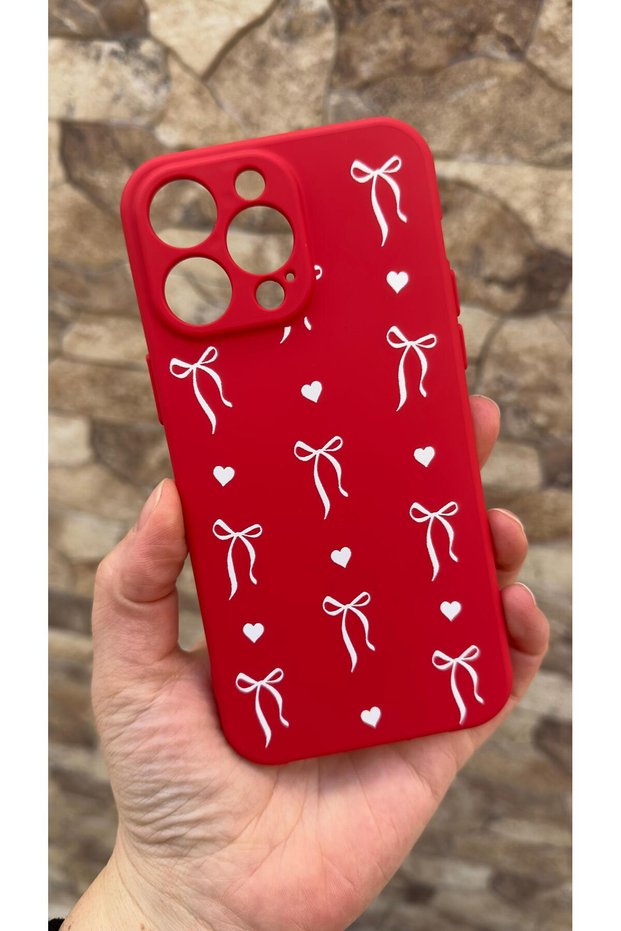 iPhone 14 Pro Max Compatible Heart Bow Patterned Silicone Shock-Absorbing Classic Protected Rubber Case