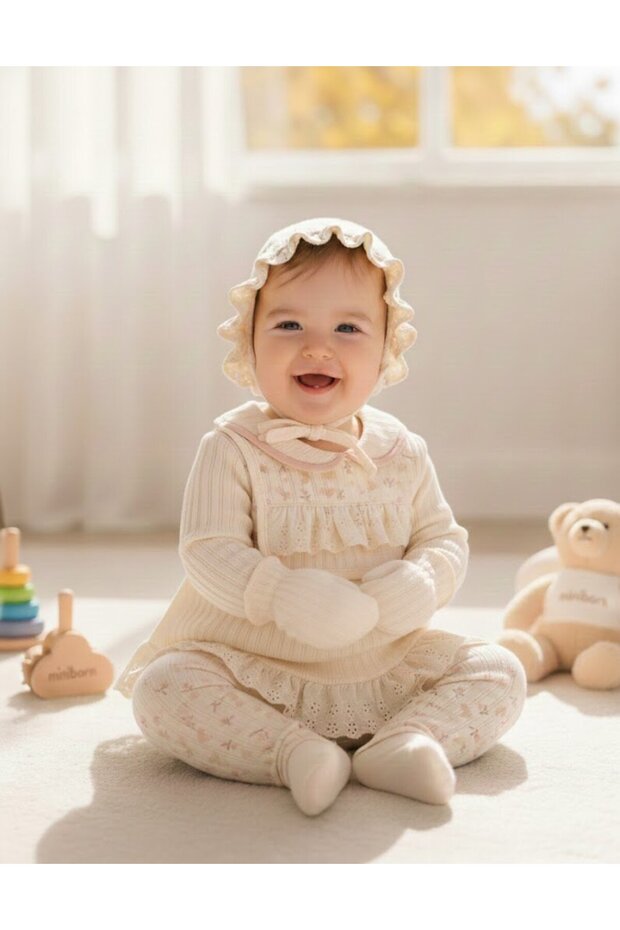 100% Cotton Heart Flower Pattern Scalloped Baby Girl Set of Five