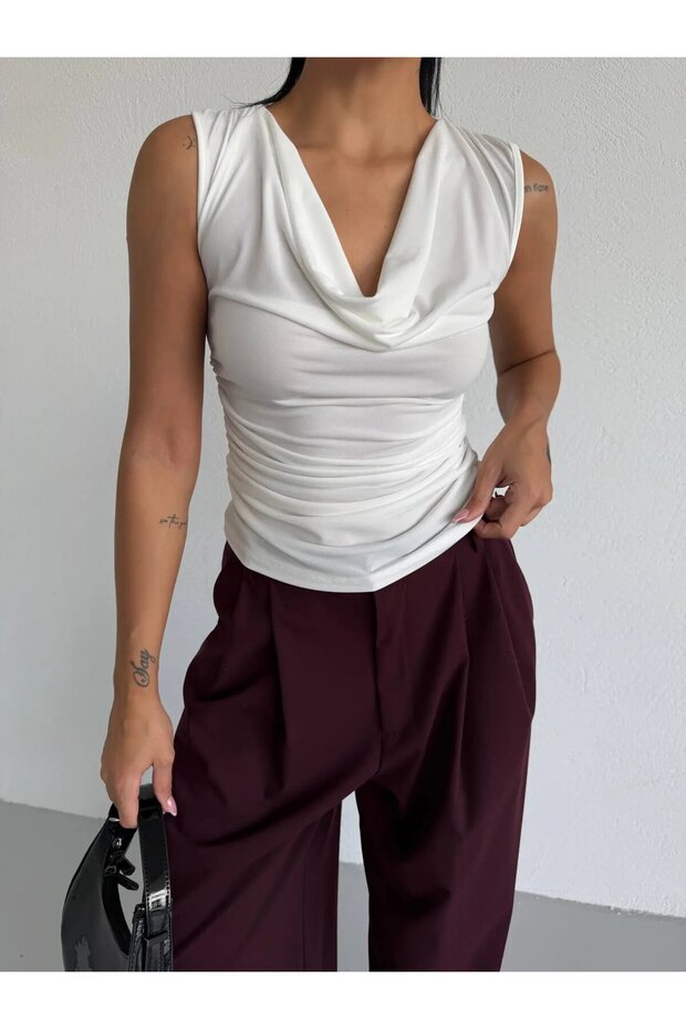 Women's White Degaje Collar Draped Sandy Blouse Hzl25S-Fry123131