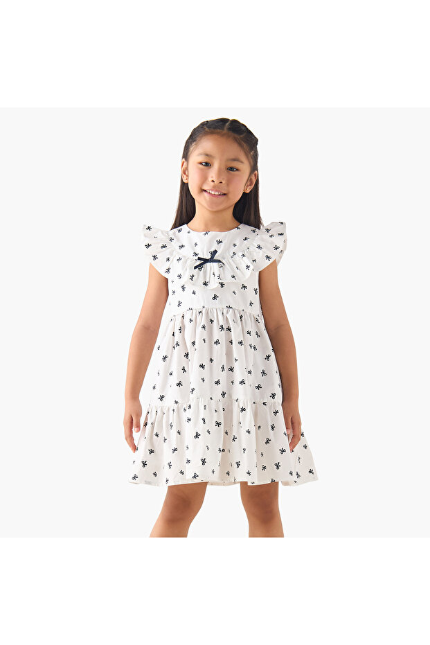 Round Neck Cap Sleeves A-line Dress with Bow Print