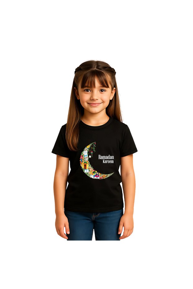 Ramadan Mubarak Girl’s Cotton T-Shirt -Round Neck Short Sleeve-Ramadan Gift for Girls