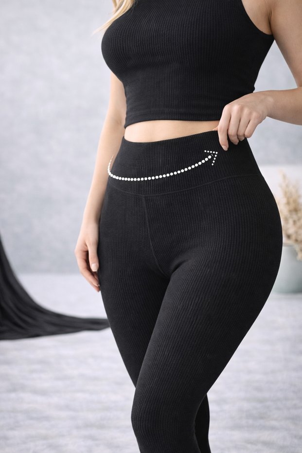 High Waist Black Color Ribbed Leggings, Women's Daily Casual Leggings, Women's Sportswear
