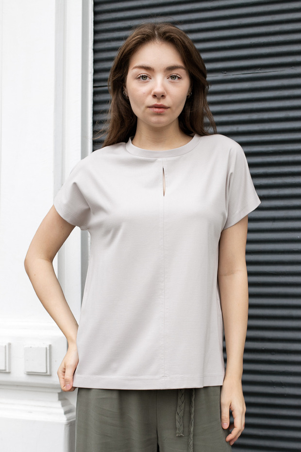 Women's Silky Soft Fabric Wide Crew Neck Tshirt Blouse with Front Window and Side Slits - Stone