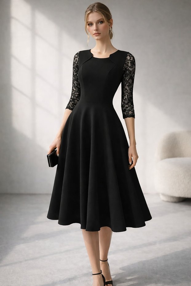 Black Midi Length Crepe Fabric Dress with Lace Detail Sleeves and Pleats