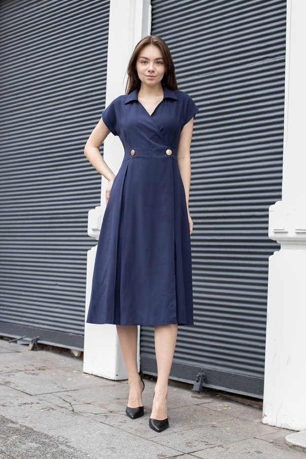Women's Modal Diagonal Double-Breasted Wrap Collar Skirt with Pleated Pockets, Midi Length Below the Knee Dress - Navy Blue