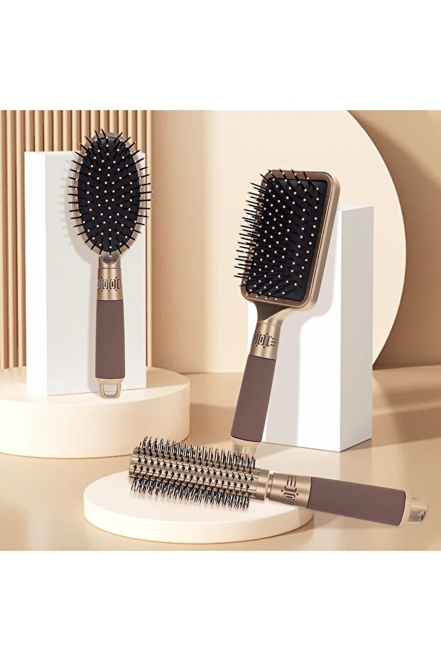 3-Piece Professional Hair Brush and Comb Set - Gold/Coffee Design Detangling Brush Set