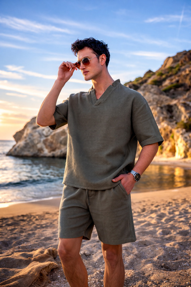 V-Neck Khaki Color Washed Linen Set
