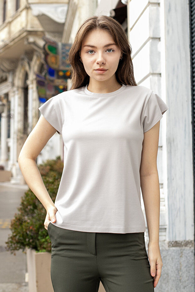 Women's Silky Fabric Wide Zero-Neck Short Sleeve Tshirt Blouse-Stone