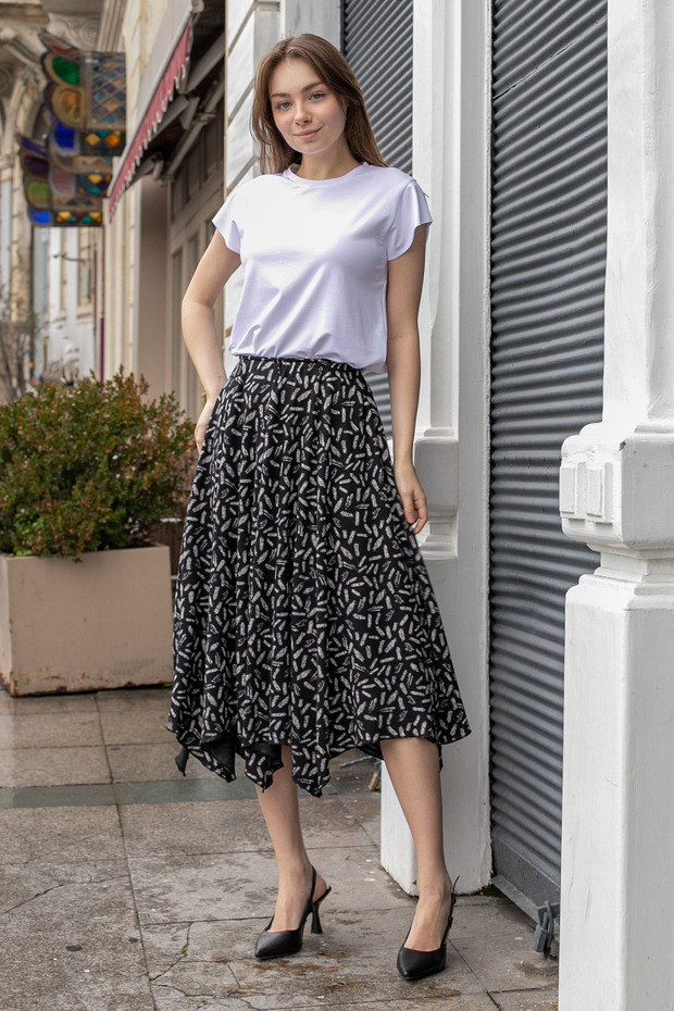 Women's Patterned High Waist Eight-Piece Asymmetrical Midi-Length Below-Knee Skirt-Black Beige Confetti