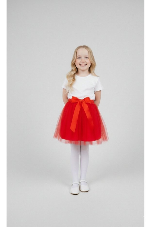 Girl's April 23Rd and October 29Th Performance Outfit Solid Color Short Sleeve Red T-Shirt Red Tutu Skirt Set