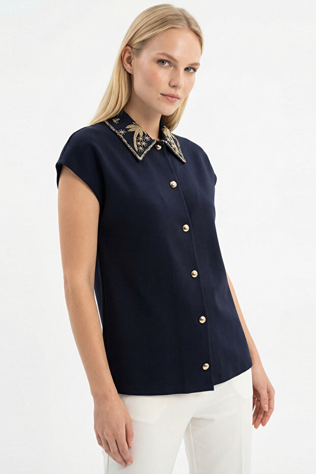 Gömlek Yaka İşlemeli Kolsuz Regular Örme Tişört - 3