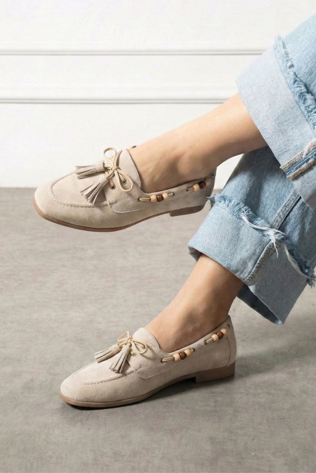 Tessora Beige Suede Beaded Detailed Tasseled Lace-Up Loafer Ballerina Casual Shoes