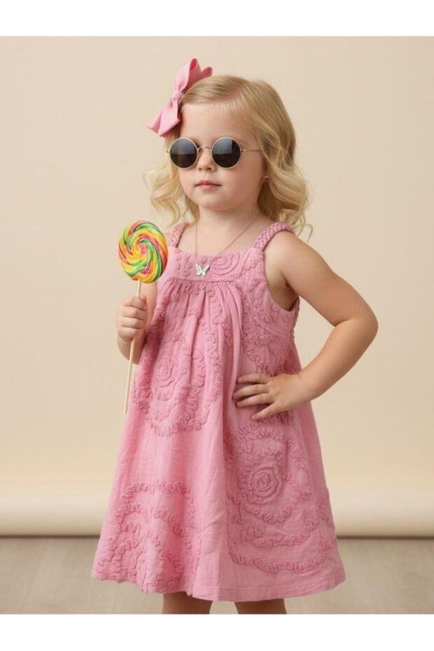 Girl's Embossed Patterned Strap Design Dress