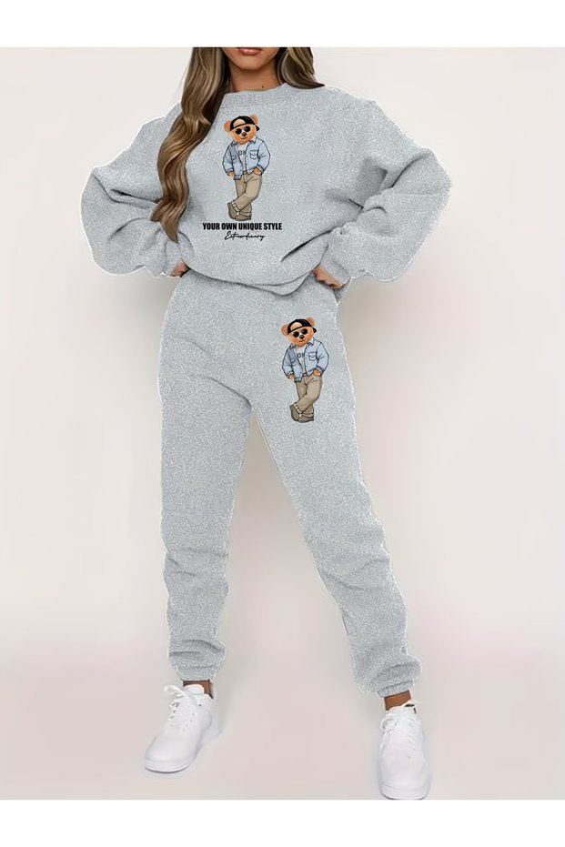 Your Own Unique Style Printed Gray Women's Tracksuit Set 100% Cotton