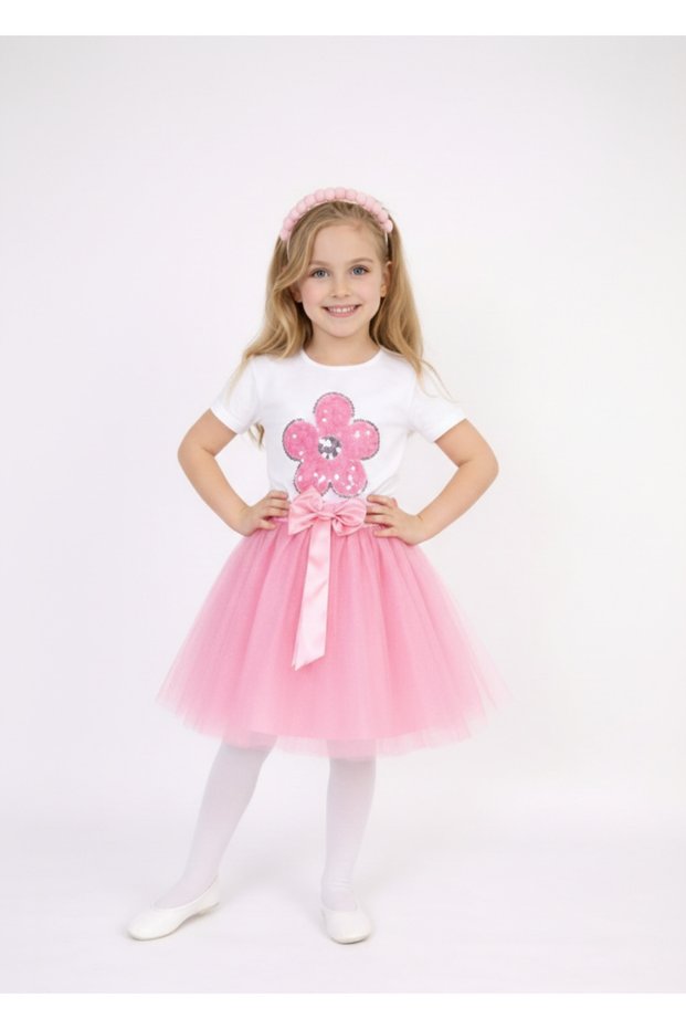 Girl's April 23 October 29 Performance Outfit Costume Tutu Skirt Short Sleeve Floral Pattern T-Shirt Set109