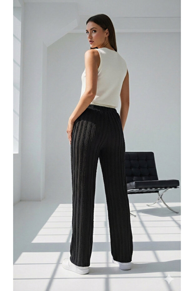 Drawstring Textured High Waist Pants - 2