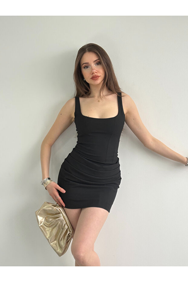 Askılı Drapeli Mini Elbise - 3