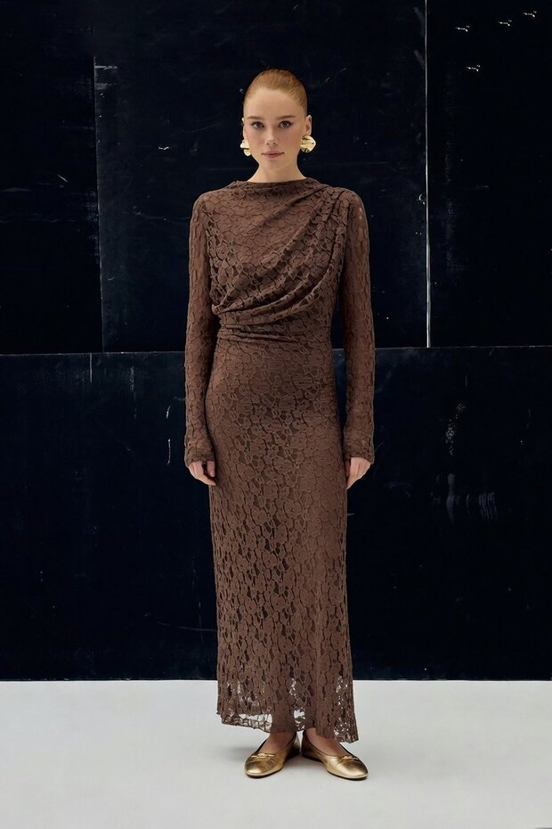 Dantel Elbise - Kahve - 5