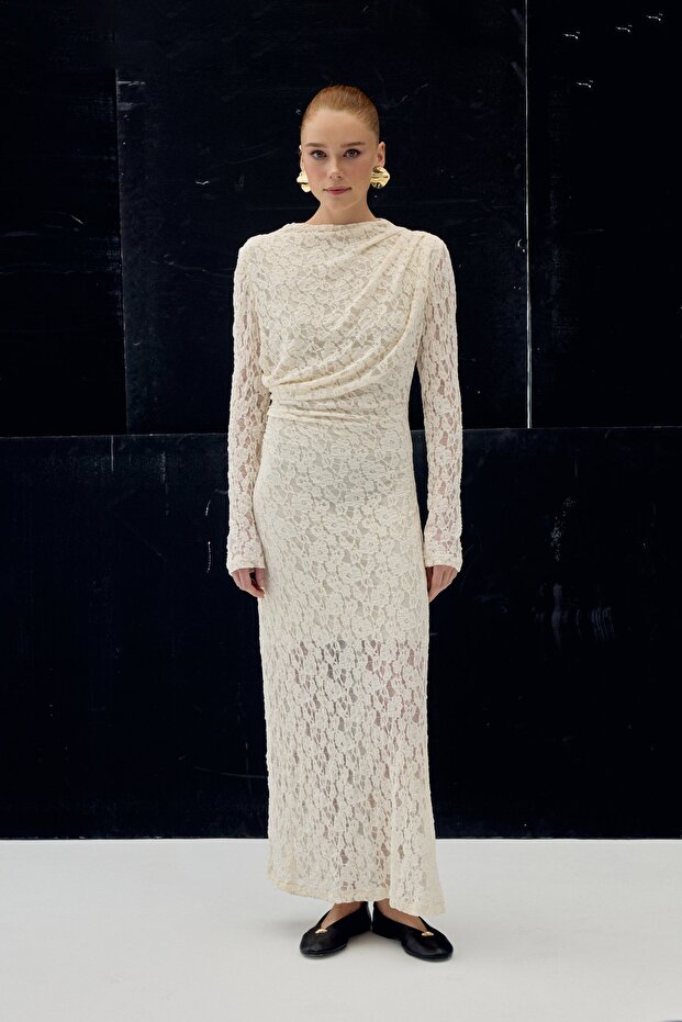 Dantel Elbise - Bej - 5