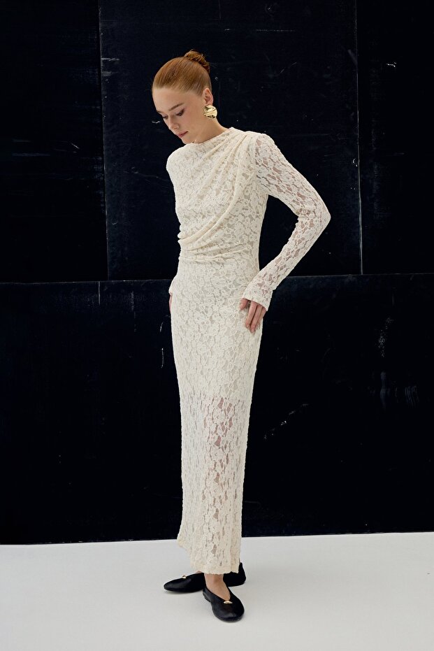 Dantel Elbise - Bej - 3