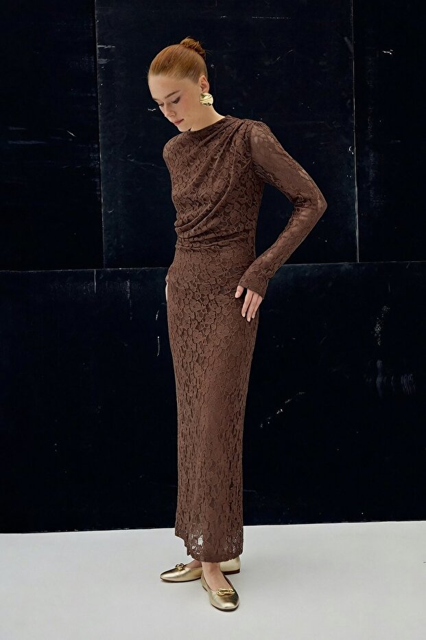 Dantel Elbise - Kahve - 1