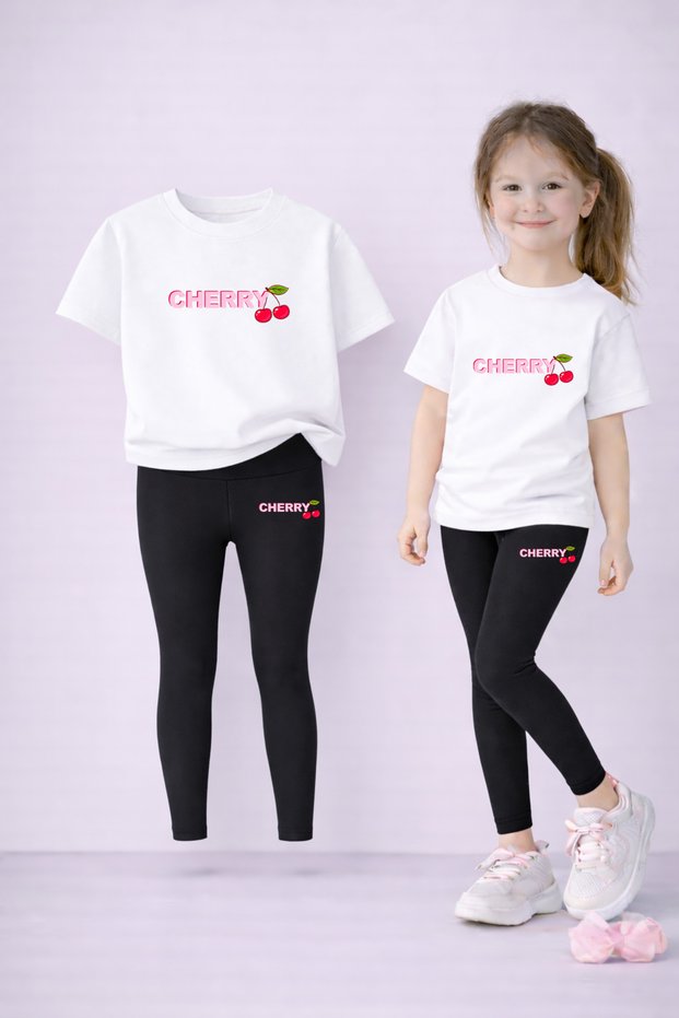 Girls' Set T-Shirt and Stretchy Leggings Set 100% Cotton Cherry Printed – Comfortable Sports Combination