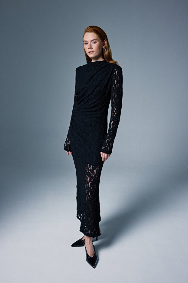 Dantel Elbise - Siyah - 4