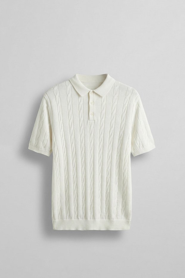Men's Regular Fit Hair Knit Cotton Knitwear Polo Collar T-Shirt Ecru