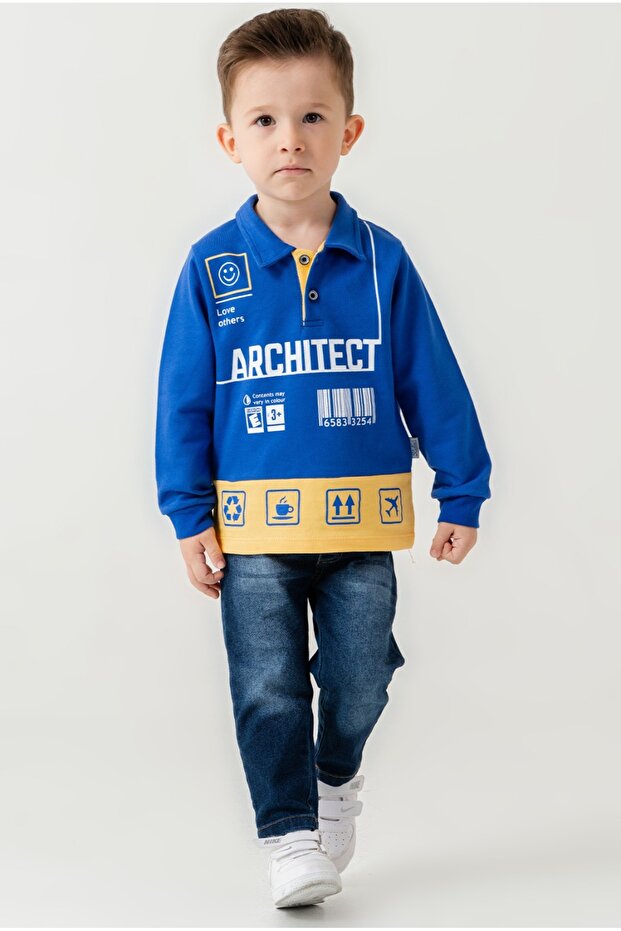 Boy's Polo Collar Printed Sweatshirt and Jeans Pants Set of 2