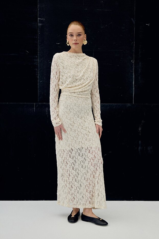 Dantel Elbise - Bej - 2