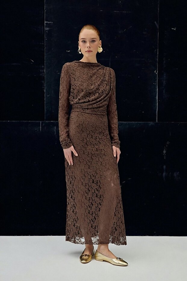 Dantel Elbise - Kahve - 2