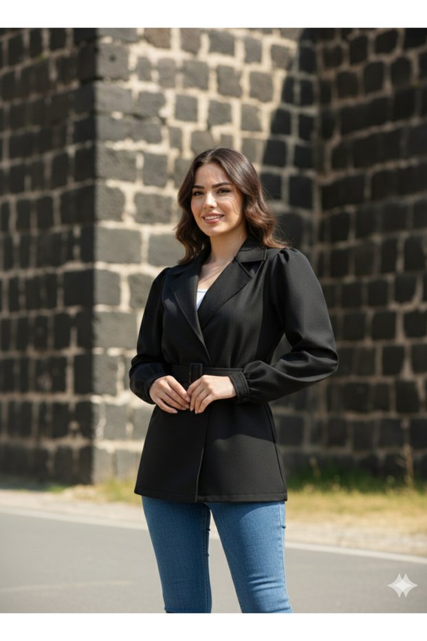 Classic Elegance: Black and Beige Blazer Jacket with Belt Detail