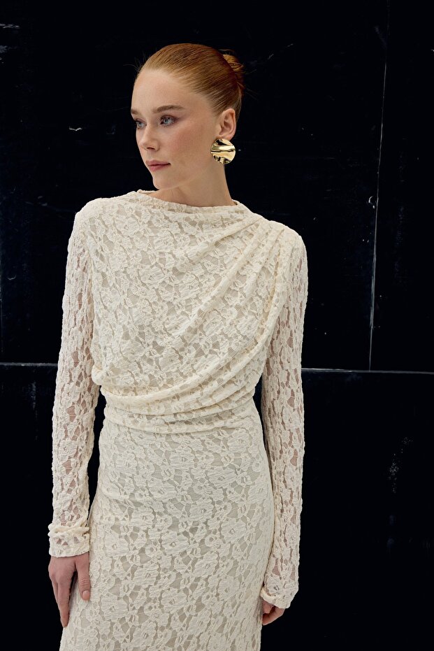 Dantel Elbise - Bej - 7