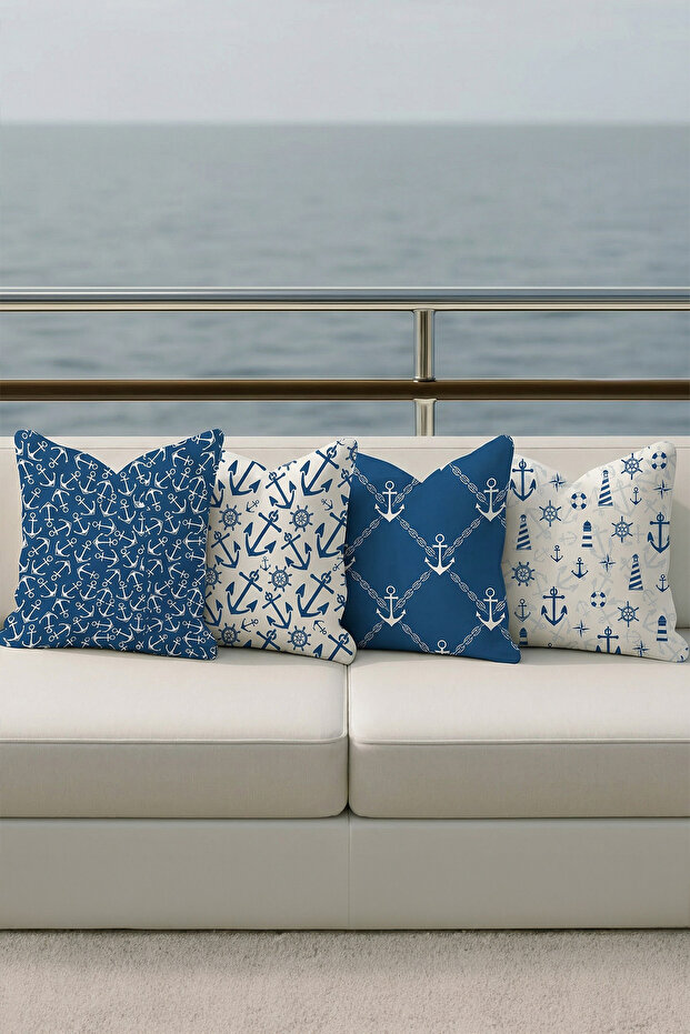 4-Piece Marine Pattern Throw Pillow Cover Waterproof Wipeable Digital Printed Ship Yacht Decoration Set06