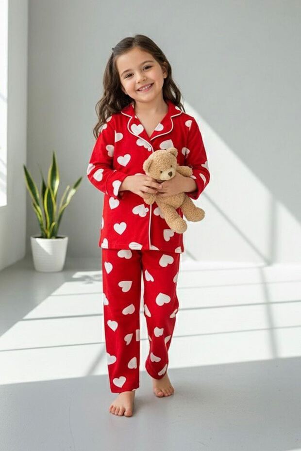My Little One's Suede Girl's Pajama Set with Heart Pattern - Red
