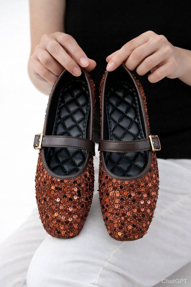 Women's Copper-Brown Sequin Buckle Ballerinas Modern Design Casual Shoes