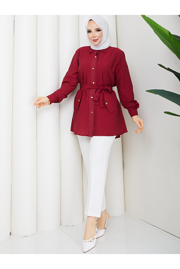 Belted Button Detailed Women's Shirt Tunic – Modern Stylish Design