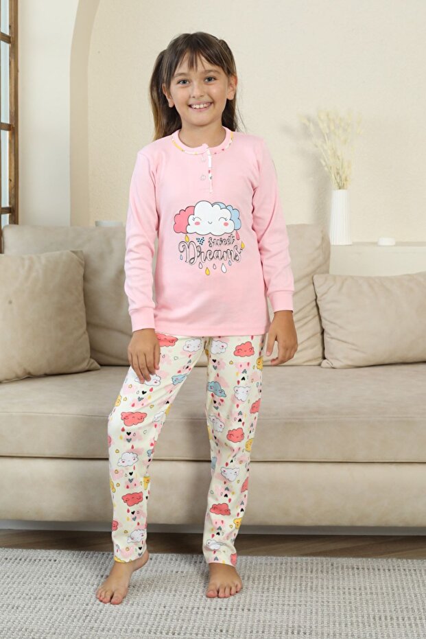 My Little One's Cicileri Cloud Printed Buttoned Girls' Pajama Set - Pink