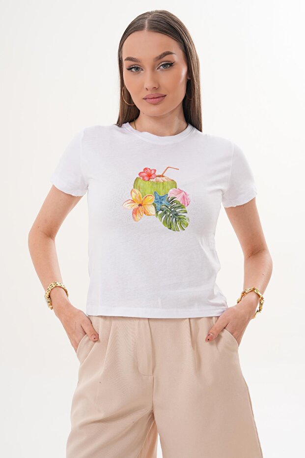 Women's Print Detailed Crew Neck T-Shirt 260138