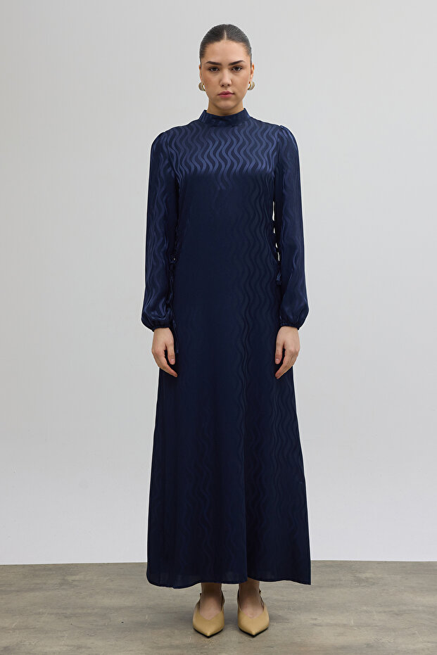 Jacquard Dress with Side Tie Detail - Navy Blue