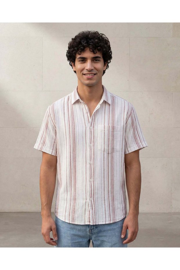 Men White And Red Striped Short Sleeve Dobby Shirt
