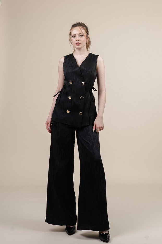Women's Summer Black Side Piping Detailed Vest and Elastic Waist Pocketed Trousers Set Stylish Daily Comfortable Two-Piece 1268