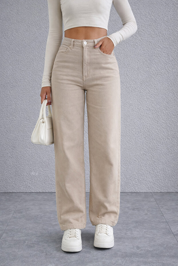Women's High Waist Straight Leg Beige Jean Pants