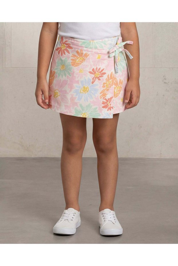 Girls White Floral Allover Print Overlap Skirt