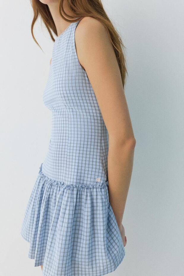 Hacimli etekli kareli kısa elbise - 6