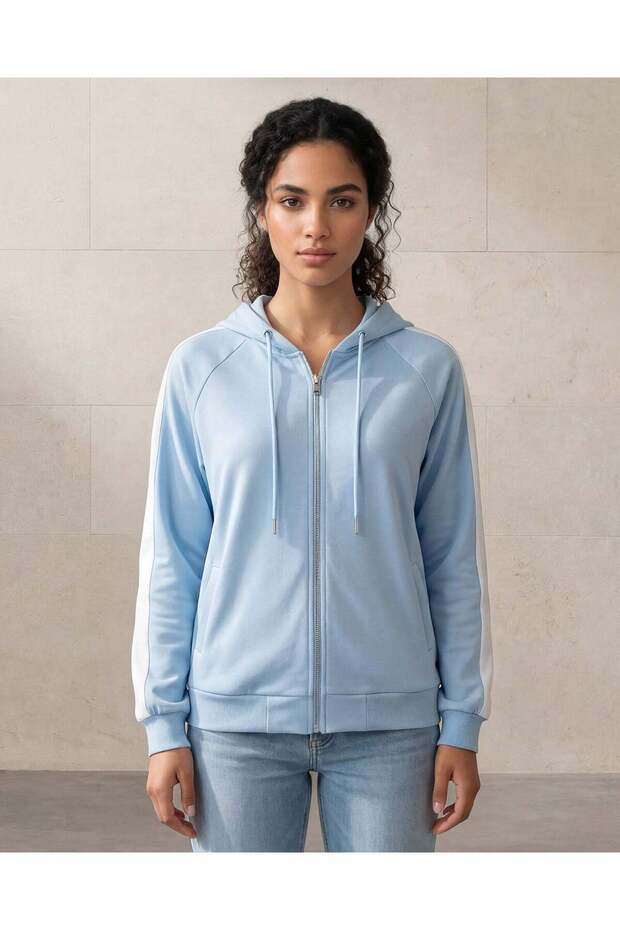 Women Blue Hooded Zip Sweatshirt